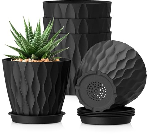 WSMKSZ 15cm Plant Pots Indoor Outdoor, 5 Pack Decorative Flower Pots, Black | Plastic Planters Pots with Saucers & Drainage Holes, 3D Wave Texture, for Peace Lilys, Mint & House Plants