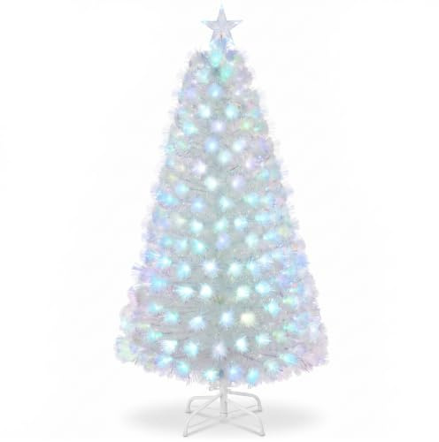Warmiehomy 4ft White Fiber Optic Artificial Christmas Tree with 125 PVC Branches Tips, Christmas Tree with Foldable Metal Stand & Top Star, Xmas Home Decorations