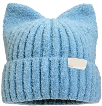 Niedliche Katzenohren, Beanie für Damen und Mädchen, Herbst und Winter, Strickbündchen, Hip-Hop-Mütze, Mütze, Häkel-Skimütze, blau, M