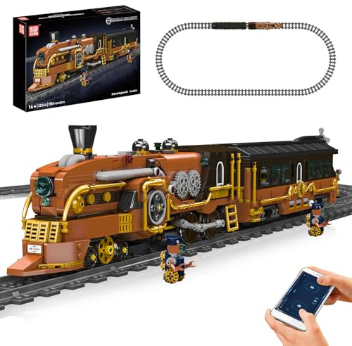 Mould King 12046 Technik Steampunk Dampflok Bausatz | Retro-Sci-Fi Dampfmaschine Lok + Waggons | Welt-Eisenbahn-Serie | mit Schienen & Motor | Sammler-Klemmbausteine Bausatz Modell （1954+ Teile）