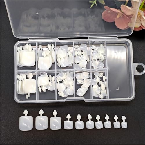 JZK 100PCS 10 Sizes full cover type false toenails set with storage box, artificial fake toe nail tips for acrylic and gel nail art, for DIY stick on and press on toenails, natural white