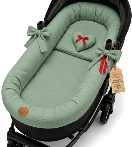 Stubenwagen Umrandung Musselin - Nestchen für Kinderwagen und Buggy Babybett Zubehör Babywanne und Kinderwagenzubehör Set 3-teilig Schonbezug mit Kissen und Einlage Salbeifarbe