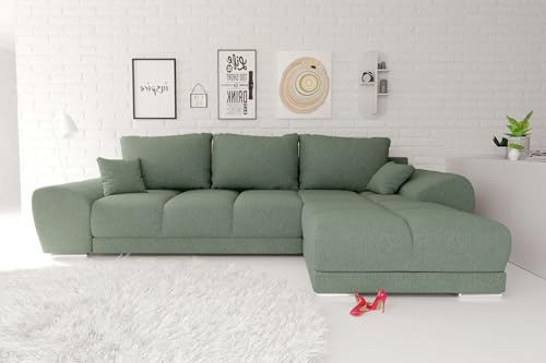99rooms Antalya Ecksofa Polsterecke Eckcouch Strukturstoff Neve Salbeigrün, mit Ottomane Rechts, mit Schlaffunktion