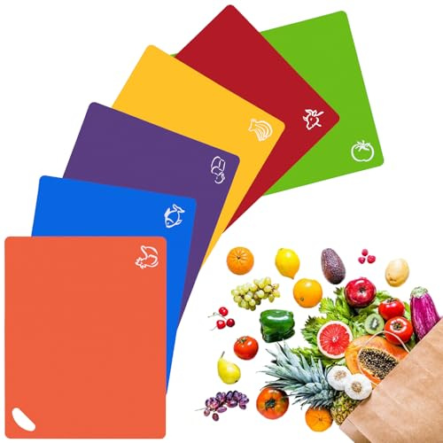 Nureeca 6er Set Schneidebretter Kunststoff, Buntes Schneidematte Set mit Lebensmittelsymbolen, Flexible Schneideunterlage Küche, Bakterienresistent & Spülmaschinenfest