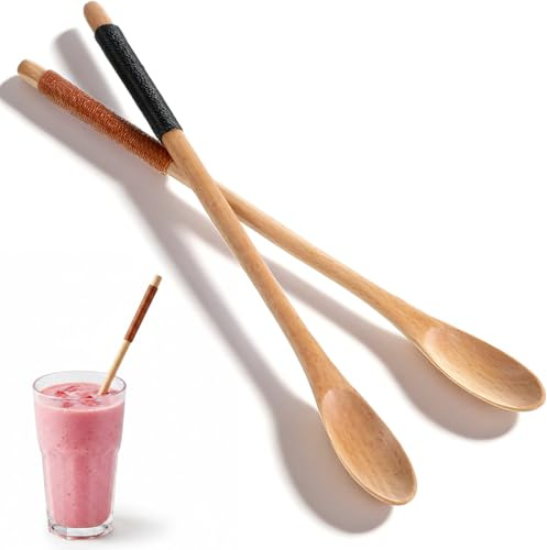 2 PCS Latte Spoons, Wooden Honey Spoon, 8 Inch Long Handheld Teaspoons, Sundae Spoons Coffee Stirring for Latte Ice Cream Espresso Dessert