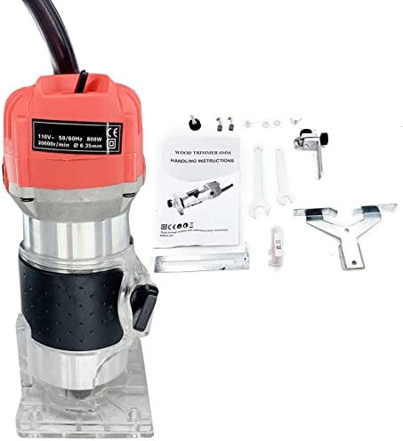 Cozyel 110V 800W Palm Router Electric Hand Trimer Wood Router 1/4 Collets Woodworking Tool Laminate Trimer, Red