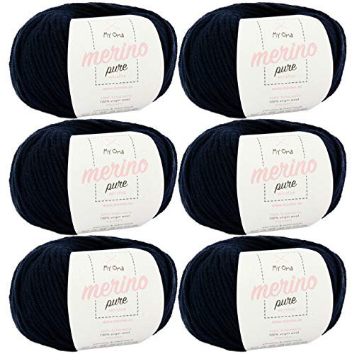 Merino Wolle zum Stricken -6x Merino pure marine (Fb 4409)- 6 Knäuel Merinowolle Marine + GRATIS Label - Merinowolle Knäuel - 50g/65m - Merino Wolle Nadelstärke 6 - Merino Wolle Nadelstärke 7