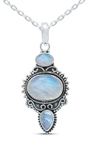 mantraroma echt Silberkette mit Regenbogen Mondstein Edelstein Damen Kettenanhänger 925 Sterlingsilber Halskette Geschenk (AK1-076-04-45)