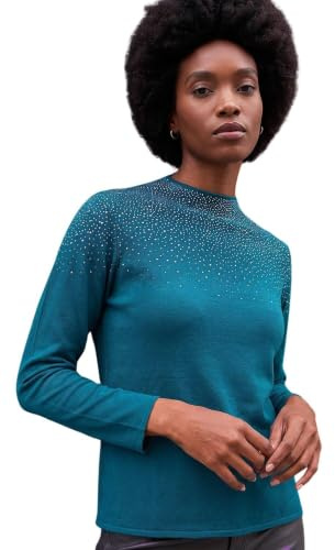Roman Originals Diamante Sequin Jumper for Women UK Ladies Sparkly Glitter Sweater Embellished Smart Casual Autumn Winter High Neck Knitwear Knitted Pullover - Dark Green - Size 10