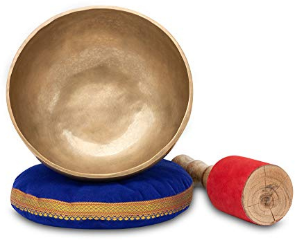 XDrum Omshanti Klangschale 22 cm Komplett Set, Handgemacht in Indien | Material: Messinglegierung, Durchmesser: ca. 22 cm, Gewicht: ca. 1500 g, Farbe: gold, Kissen, Runde Form, Durchmesser: 11 cm
