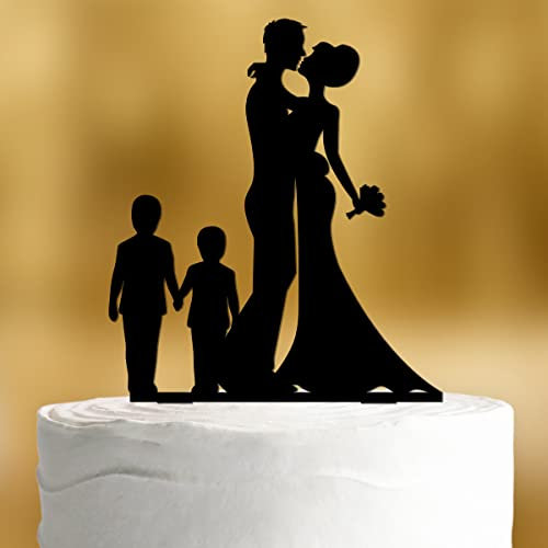 Cake Topper Brautpaar mit Kindern Jungen [großer Junge, kleiner Junge] - Acryl deko schwarz deko Hochzeitstorte deko Kuchen deko Hochzeit Tortendekoration Verlobung Tortendeko