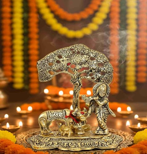 TIED RIBBONS Lord Krishna with Cow and Calf Idol for Pooja, Mandir, Office, Temple | Brass Murti Home Decoration Hindu God Statue Metal, 6.6 x 5.1 Inch - Diwali Decorations for Home, Ganesh Chaturthi