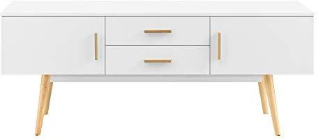 Meuble TV Design Support Télé Banc avec 2 Portes et 2 Tiroirs Panneau de Particules Mélaminé Pieds en Bois 140 x 40 x 56 cm Blanc
