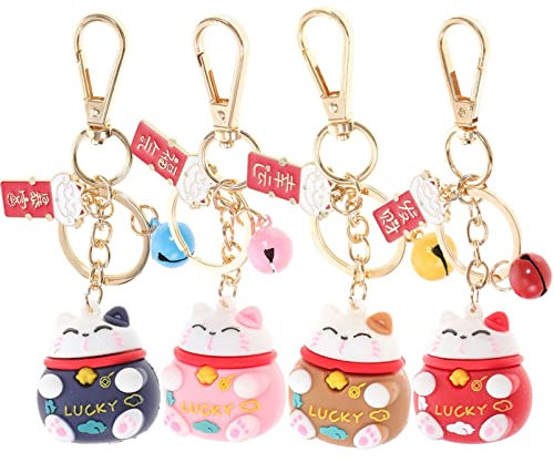 Amosfun 4PCS Schlüsselanhänger Tasche Anhänger Glückskatze Winkekatze katze Hängendes Deko für Frau Mädchen Schmuckstück Zubehör- Rot Rosa Blau Orange
