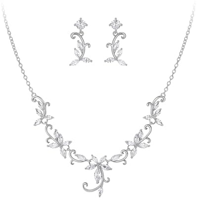Crysdue Wedding Bridal Jewelry Set for Brides Bridesmaids Cubic Zirconia Flower Vine Necklace Dangle Earrings Set for Prom Party