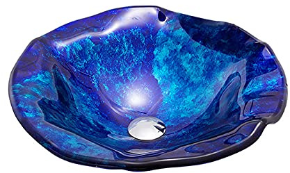 SHUGUANG Gehärtetes Glas Waschbecken, Aufsatzwaschbecken Blau Glas Aufsatz Waschschale, Waschschale Waschtisch Set mit Montagering, Ablaufwasser Set, 470×470×120mm,Single Sink