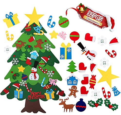 ANTFEES Filz-Weihnachtsbaum-Set für Kinder, Kleinkinder, Wand, mit 32 Ornamenten, Weihnachtsgeschenke, Tür-Wandbehang, Dekorationen, 90 cm