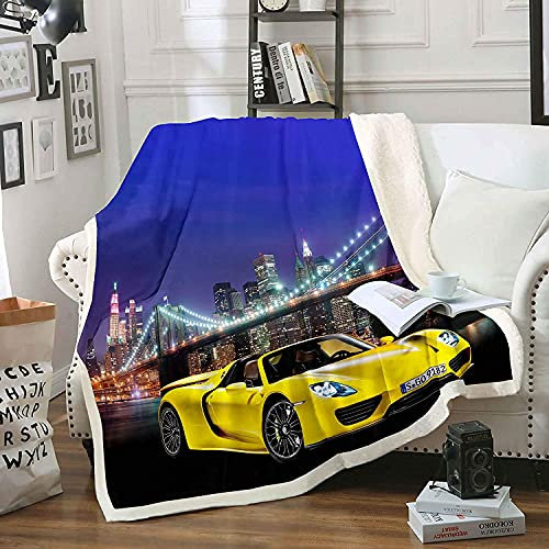 Loussiesd Rennwagen Rennauto 3D Print Kuscheldecke Racing Car Decke 150x200cm Modern Wohndecke Jungen Kinder Kühl Gelber Sportwagen Flanell Fleecedecke