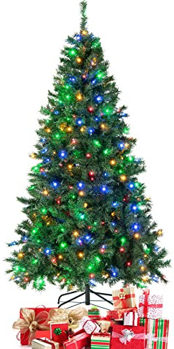 COSTWAY 180cm/210cm Künstlicher Weihnachtsbaum, Beleuchteter Tannenbaum mit farbigen LEDs & Metallständer, Klappbarer Kunstbaum Beleuchtung, Christbaum für Weihnachten Büro Zuhause, PVC, Grün (180 cm)