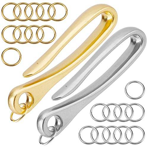 SUNNYCLUE 1 Box 2Pcs 2 Color U Hook Key Loop Pocket Clip for Men Fish Hook Keychain Belt Clip for Keys Simple Keychain Clip with 20Pcs Brass Jump Rings Wallet Chain Accessory Color in Platinum Golden