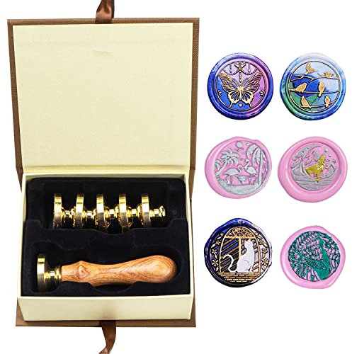 ANBOSE Wachs-Siegel-Stempel-Set, ANBOSE Tier-Wachs-Siegel-Stempel-Set mit 6 abnehmbaren Messingköpfen und 1 Holzgriff, Retro-Katze, Vögel, Pfau, Schmetterling, Siegelwachsstempel für Karten, Einladung