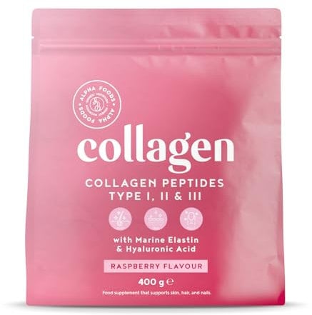 Collagene in Polvere | Collagen Peptides Idrolizzato Puro con Acido Ialuronico | Integratore Collagene da Bere | Colageno Donna e Uomo | Lampone | 400g | Alpha Foods