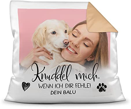PfotenSchild Personalisiertes Foto-Kissen mit Füllung - Knuddel Mich, wenn ich dir fehle - mit Namen selbst gestalten - für Hunde, Katzen und andere Haustiere | Rückseite Mokka