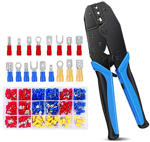 PETECHTOOL Crimping Tool Ratcheting Crimping Pliers Set for AWG 10-22(0.5-6.0mm²) Wire with 17 Types 300pcs Insulated Electrical Connectors Wire Terminal Crimper