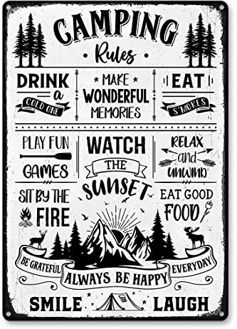 Camping Rules Sign - Rustic Metal Signs Decor Home RV Camper Accessories Wall Décor Gift Idea for Motorhomes/Farmhouse RV Camping, campfire Al (Camping Rules)