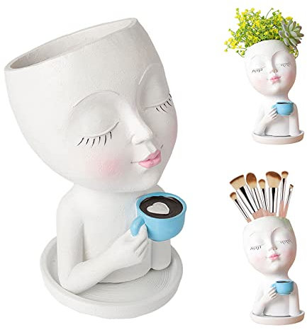 CDIYTOOL Pot de fleurs en forme de visage de fille, joli vase pour plantes grasses avec trou de drainage, pot de fleurs décoratif en résine pour la maison, le bureau, le jardin