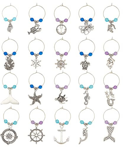 BENECREAT 20 Sets Beach Theme Wine Glass Charm, Nautical Mermaid Boat Rudder Starfish Turtles Conch Alloy Drink Markers Tags Identification for Stem Glass Wine Tasting Party