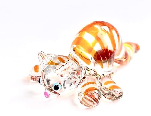redchocol8® Handmade Small Tiny Handmade Glass Cat Ornament Clear Glass Ginger Stripy Cat Figurine Gloss Decor Terrarium Gift