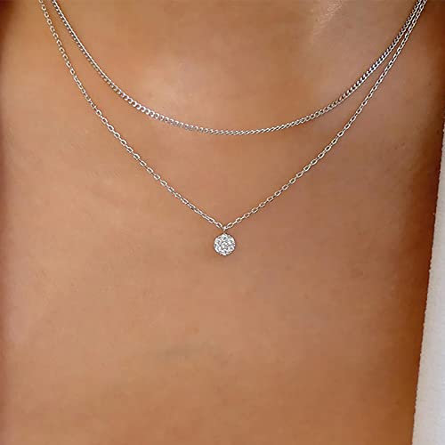 TseenYi Geschichtete Cz Kristall Anhänger Halskette Geschichtet Silber Halskette Runde Solitär Anhänger Halskette Funkelnde Kristall Halskette Braut Cz Halskette Kette Schmuck Für Frauen Und Mädchen