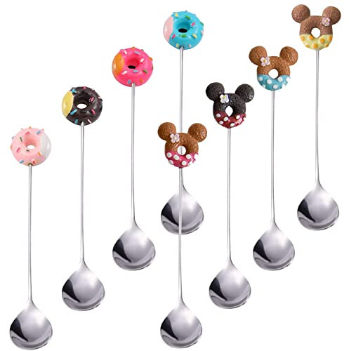 DMZK 8 Stück Dessertlöffel, Löffel Set Donuts und Mickey Mouse Form, Espressolöffel Longdrinklöffel Edelstahl Kaffeelöffel für Obst Kuchen Salat Kaffee-Heißgetränke EIS