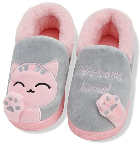 Pantofole Ragazze Ragazzi Ciabatte Bambina Bambini Inverno Warm Scarpe di Cotone Slipper Antiscivolo Scarpe Invernali, Grigio Gatto, 18/19 EU, Tag 140