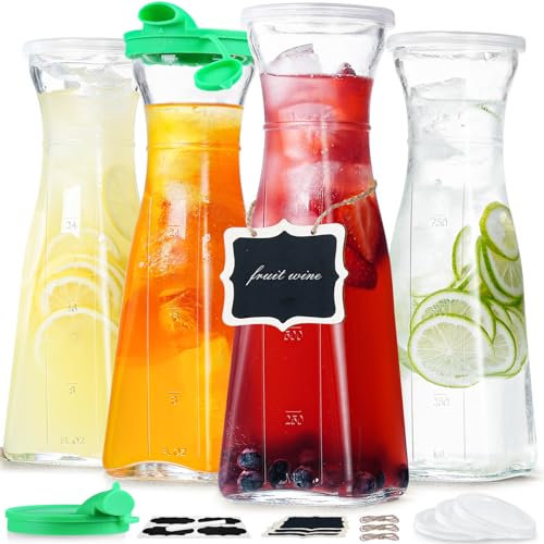 Ritayedet Glaskaraffe, 1 Liter Karaffe für Mimosenbar, 4 Stück, quadratischer Krug mit Deckel und Ausgießer, Getränkespender für Partys, kaltes Wasser, Milch, Saftbehälter, Tee, Wein, Cocktails (6