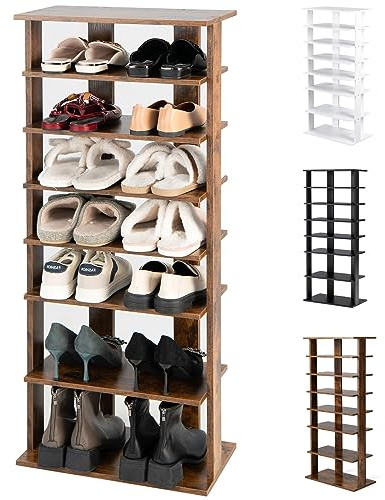 HOMASIS Schuhregal mit 8 Ebenen, höheverstellbar Schuhständer aus Holz, platzsparender Schuhorganizer mit Kippsicherung, freistehendes Schuablage, Lagerregal Eckregal für Flur (Doppel, Braun)