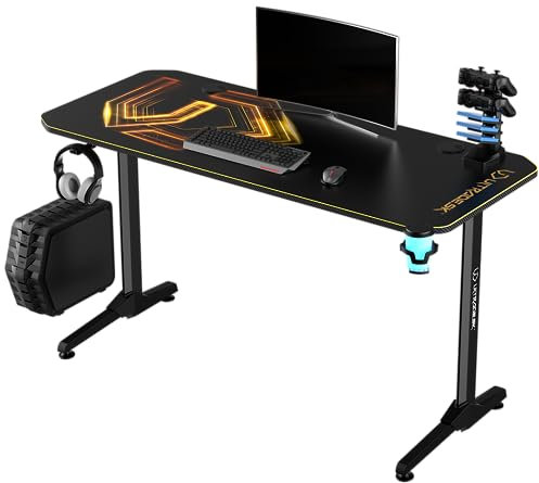 ULTRADESK FRAG V3 Computertisch Gaming-Schreibtisch - Gaming Tisch Stahlkonstruktion - Platz für Zwei Monitore - Futuristische Formen - Beinfreiheit und Mehr - Inklusive Zubehör - 140x60cm - Gold