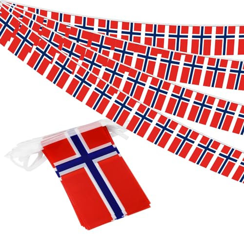 Norwegen String Flag Wimpel Banner – 38 Flaggen, 12 m kleine Mini Norwegische Flaggen Wimpelkette Banner für Landdekoration, Schule, Party, Sportveranstaltungen