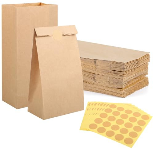 200 Stück Papiertüten Klein, 18x9x5,5 cm Geschenktüten Klein Braun Kraftpapier Tüten Butterbrottüten Mitgebseltüten mit Aufkleber DIY Ostern Hochzeit Geburtstag