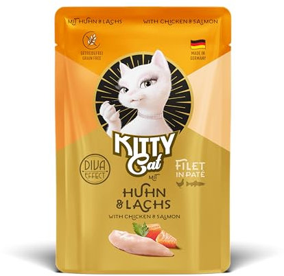 KITTY Cat Filet in Paté Huhn & Lachs, 6 x 85 g, Gourmet Nassfutter für Katzen, feinstes Katzenfutter mit Taurin, Lachsöl und Grünlippmuschel, getreidefrei mit extra viel Fleisch, Made in Germany