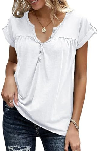 Tankaneo Damen V-Ausschnitt Rolled Kurzarm T-Shirts Henley Tees Sommer Tops Lose Casual Button Up Solid Tunika Bluse Oberteile