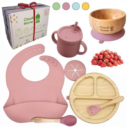 Conjunto de mesa para bebé. Babero de silicona, plato y bol de bambú natural, antibacterias con ventosa, cuchara y tenedor de silicona suave y blanda con mango de bambú. Caja de regalo. (Rosa)