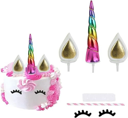 EinhornM Kuchen Topper Gold Cake Topper für Geburtstag Hochzeit Party Kuchendeko, Niedlich Horn Ohren und Wimpern Kuchen Torte Deko，für Party,Babyparty (Regenbogenfarbe)