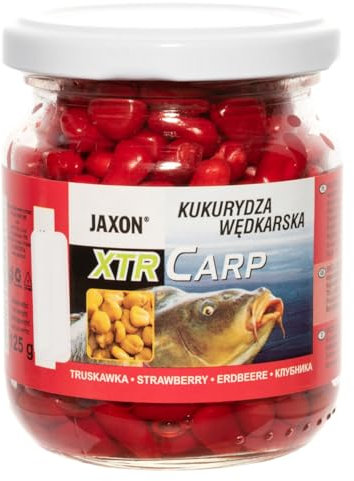 Exar Jaxon XTR Carp maïs hautement aromatisé en 12 saveurs en pichet 125 g pêche à la carpe carpe aliment de base (fraise FX-CB03)