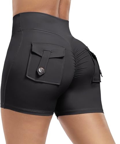 Aerides Sport Shorts Damen Scrunch Butt Gym Shorts mit Taschen High Waist Kurze Sporthose Radlerhose Yoga Fitness(Schwarz, M)