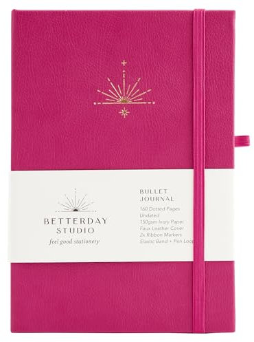 Betterday Studio - Undated Bullet Journal - 160 Dotted Pages with Faux Leather Cover, 2x Ribbon Markers for Bookmarking, Journal with Pen Loop, Journal Notebook for Scribbling - Berry Pink