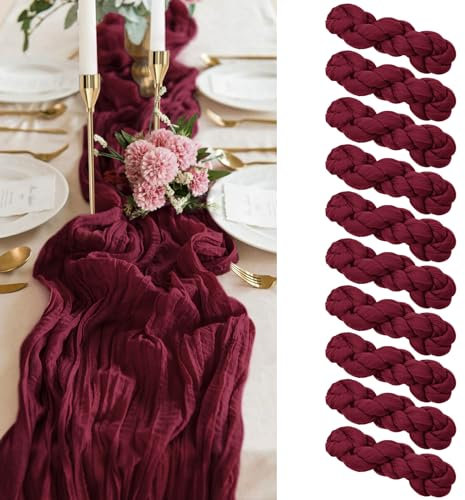 Pesonlook 10er-Pack burgunderroter Käsetuch-Tischläufer, 3 m Gaze-Tischläufer, Käsetuchstoff, halbdurchsichtiger Tischläufer für Hochzeitsempfang, rustikale Boho-Party, Brautparty