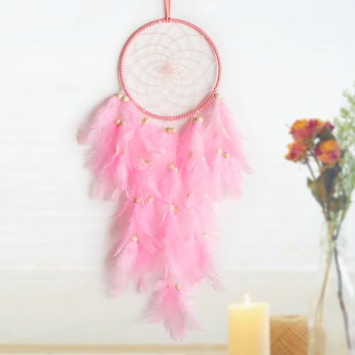 Handgemachte Dreamcatcher mit Federn, Maiden Zimmer Schlafzimmer Romantische Dekoration Dreamcatcher mit Federn Böhmen Dekoration für Schlafzimmer Baum des Lebensfür Wandbehang (Rosa)