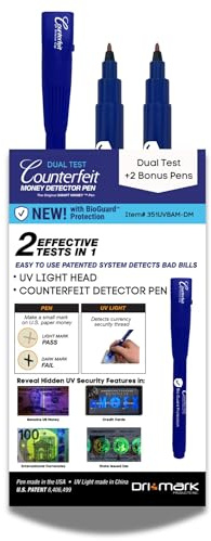Dri Mark BioGuard Dual Test Counterfeit Money Detector Pen, UV Light Head Bonus Pack - Fake Money Bill Checker, Tests for Security Strips and Authentic Currency Paper, 1 UV Light/ 3 Pens